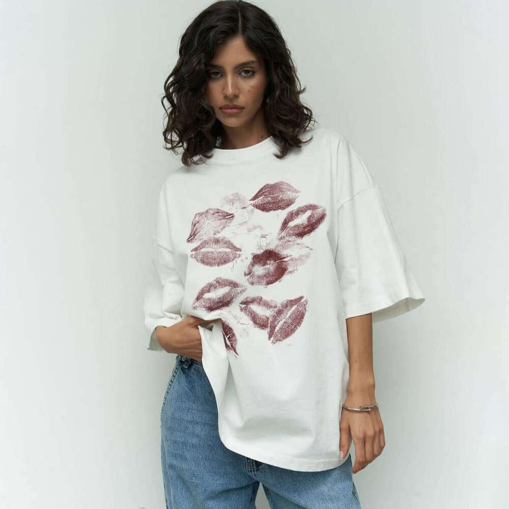Spring Summer New Lip Print Short T-Shirt Women Pure Cotton Round Neck Pullover Top Drop Shoulder Sleeve Women's Fashion B5