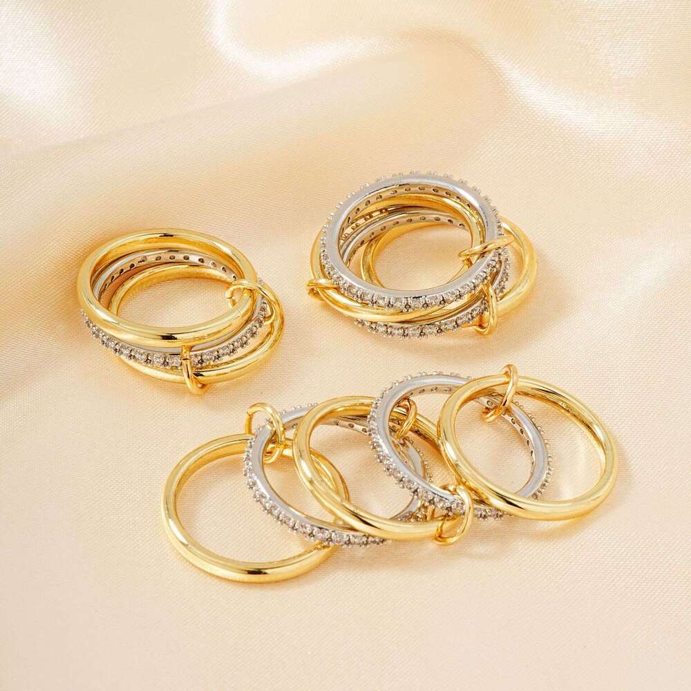 MOXI Stackable Plain Band High-End Sense Personality Copper Inlaid Zircon Jewelry Two-Tone Ring