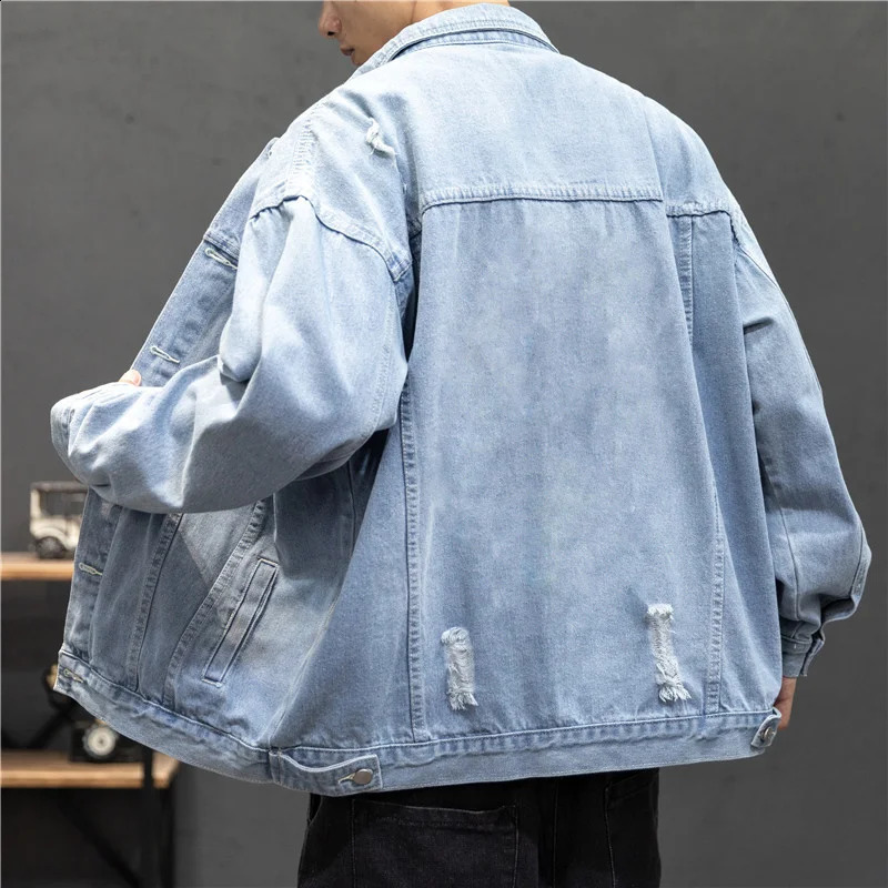 Spring Autumn Mens Denim Jacket Cotton Hole Jeans Jackets Men Coat Loose Casual Denim Streetwear Hip Hop Jean Jackets Coat 250529