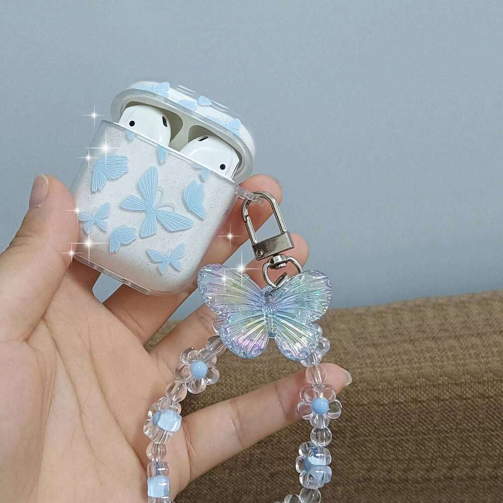 Crystal Butterfly Pendant Bead Bracelet Apple 4 /3 For Pro/ Pro2 Earphone Case With Keychain