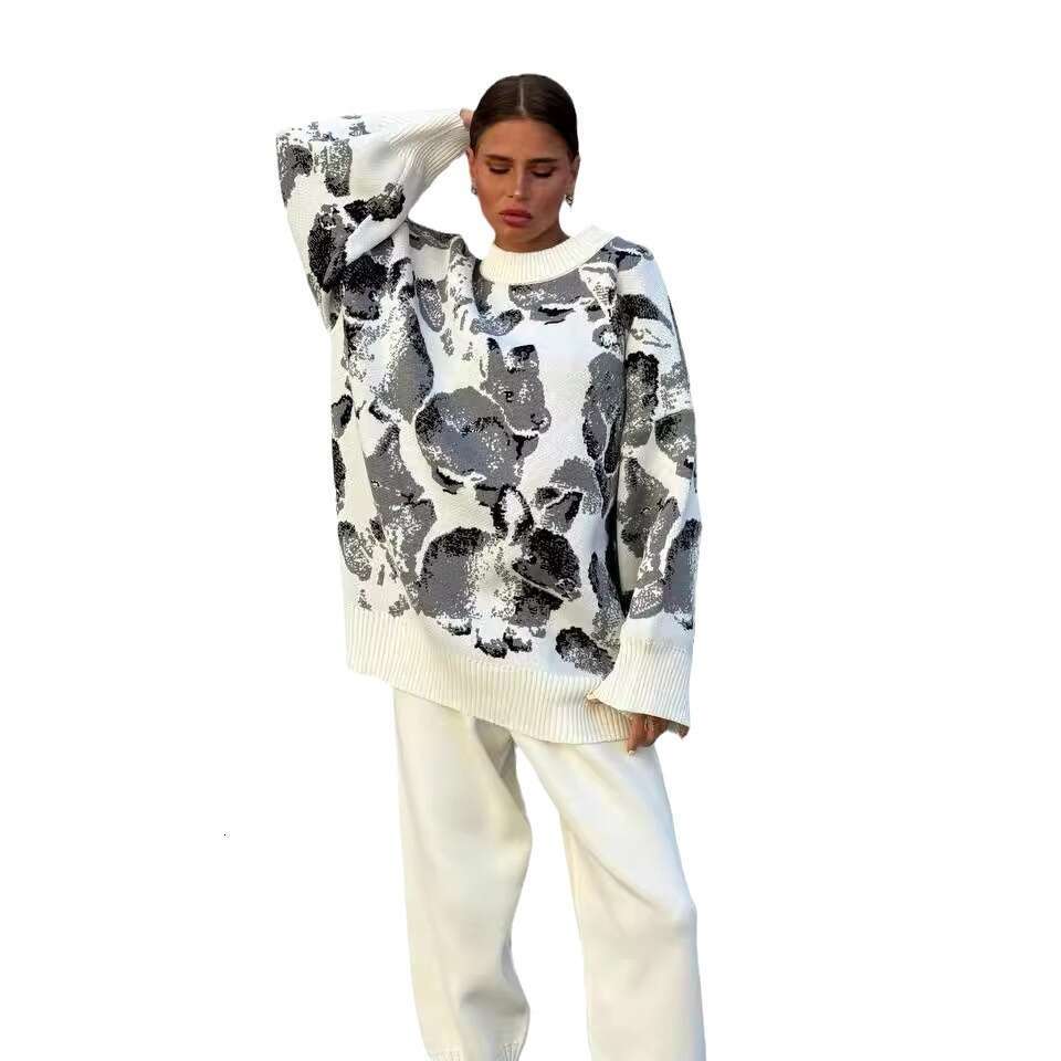 Loose Full Print Sleeve Sweater Women Straight Slim Long Casual Pants Women's Knit Set B5