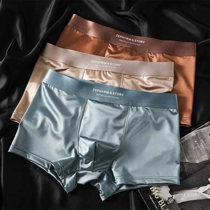3Pcs Luxury Ice Silk Satin-like Mens Underpants Man Underwear Smooth Cool Solid Breathable Boxer Shorts W250603