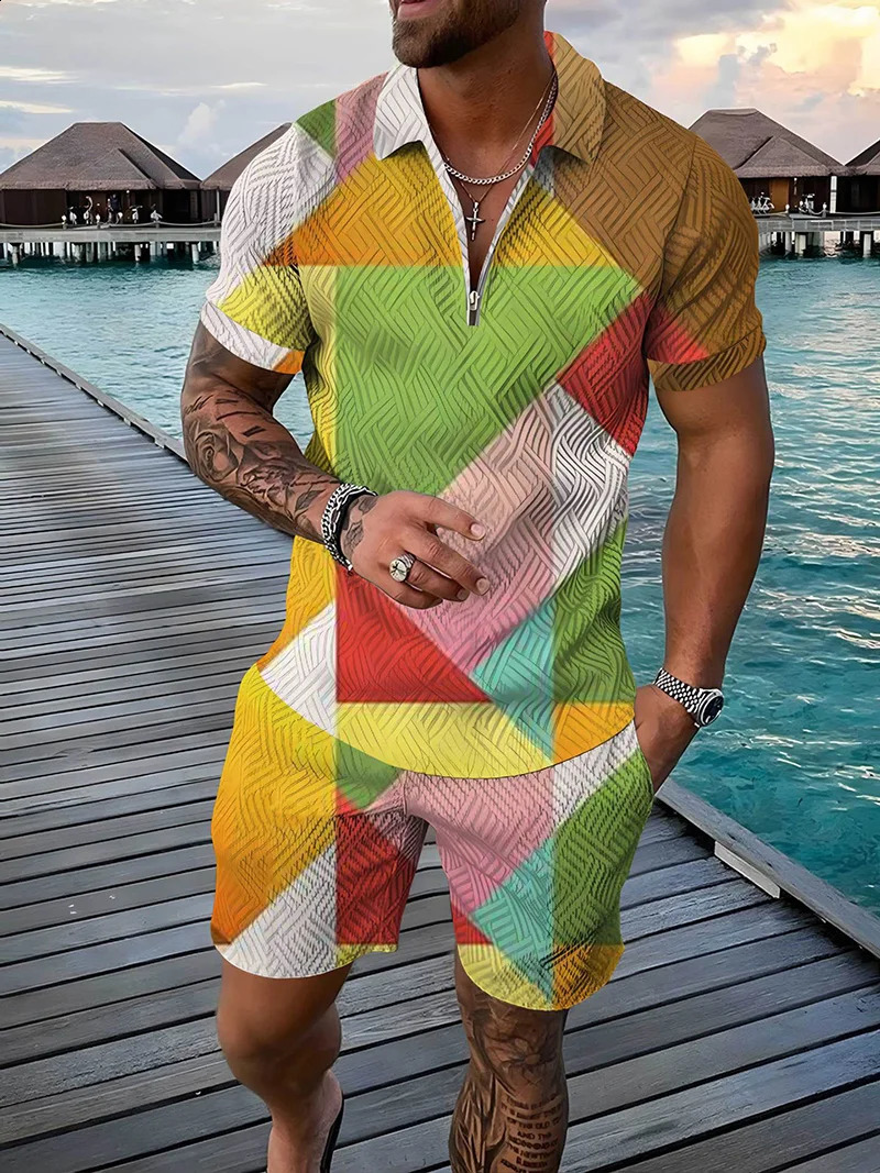 3D Color Geometry Print Mens Polo Shirt Shorts Sets Fashion Zipper Top 2 Piece Outfit Summer Trend Casual Loose Tee Suit 250530