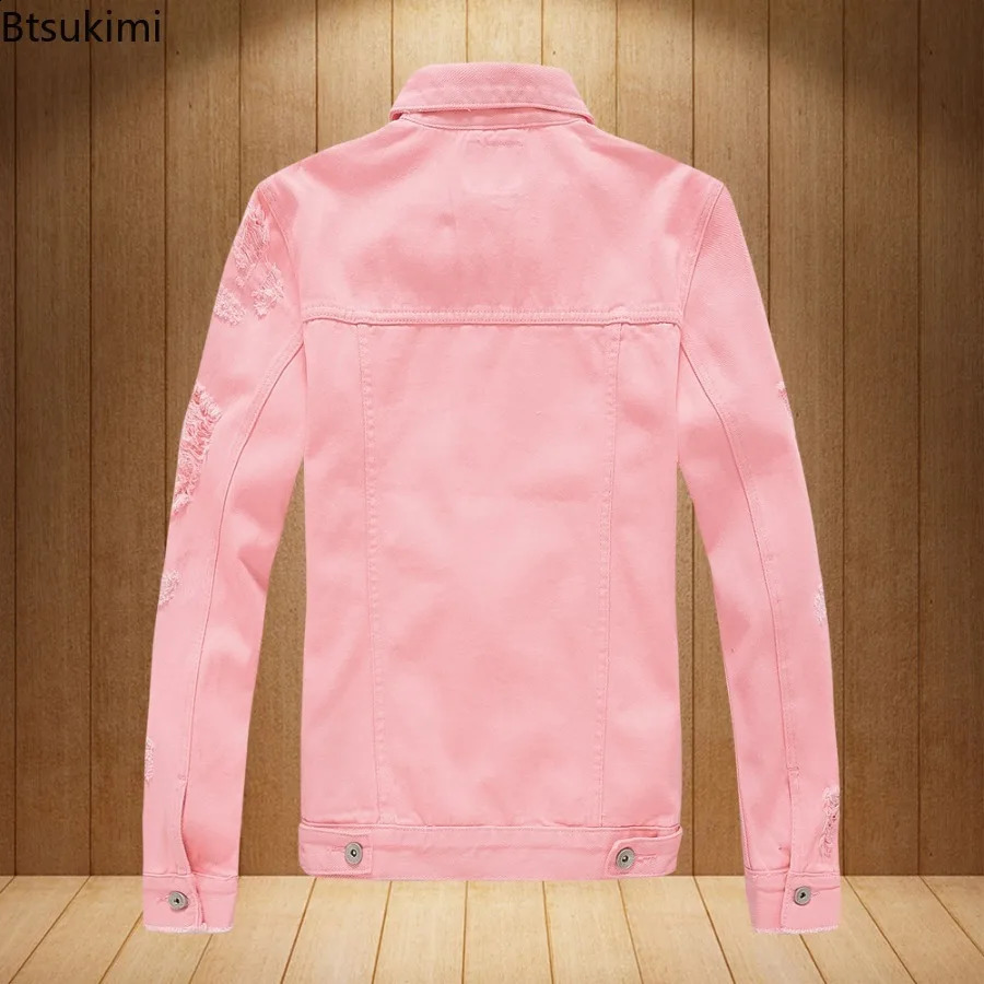 Mens Fashion Jeans Jacket Solid Spring Autumn Long Sleeves Cotton Denim Jacket Men Casual Ripped Hole Jean Coats Male 250529