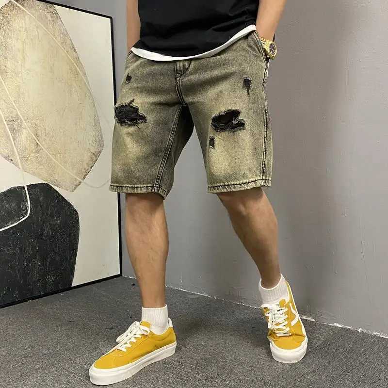 Mens New Button Zipper Pocket Straight Loose Five-point Casual Wash Retro Yellow Mud Ripped Denim Shorts T250603