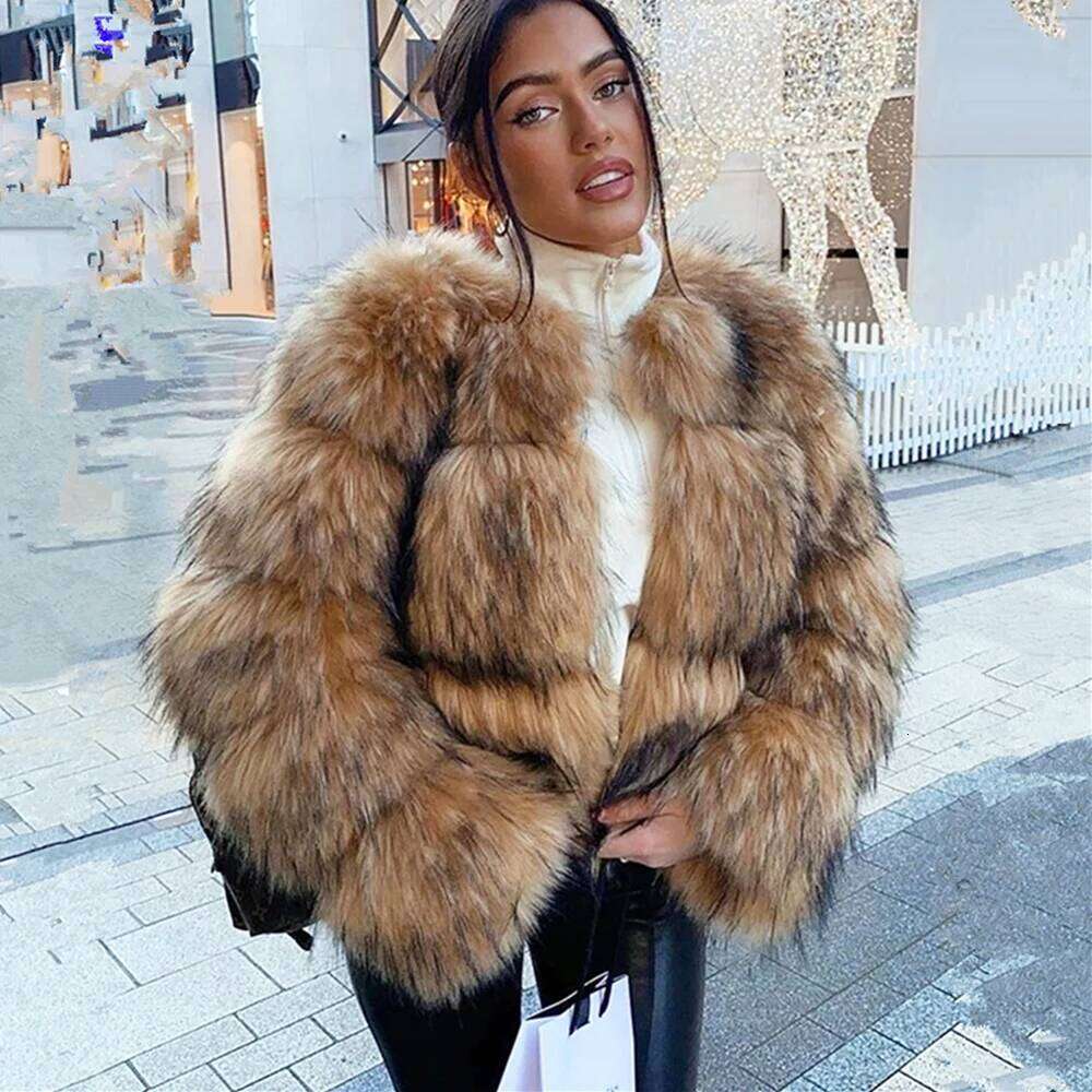 HOOOFUR Light Faux Women's Raccoon Jacket Winter Fashion Warm Thick Fox Leather Brown Especially Fake Fur Cold