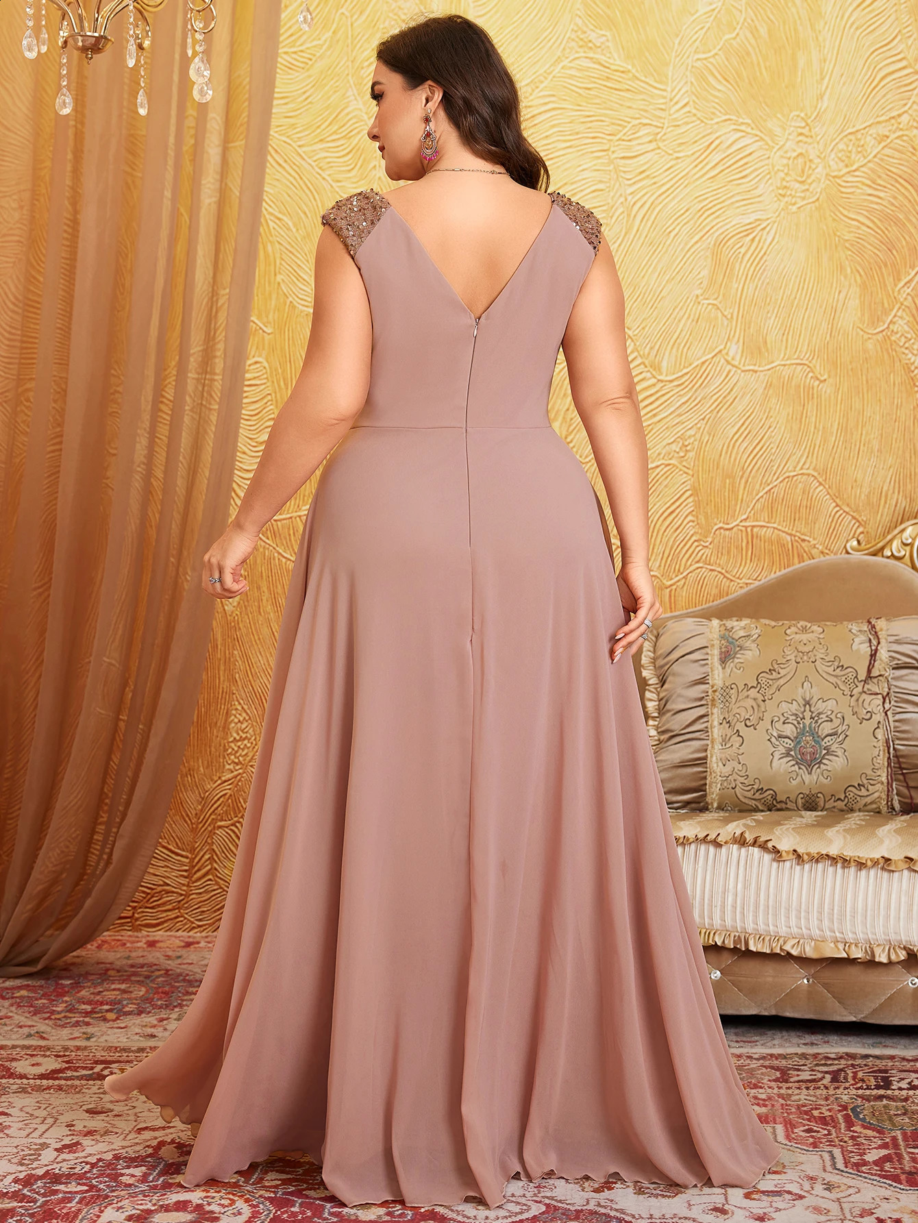 Unithorse Plus Size VNeck Sleeveless Bust Ruched Sequin Patchwork Chiffon Dress 250526
