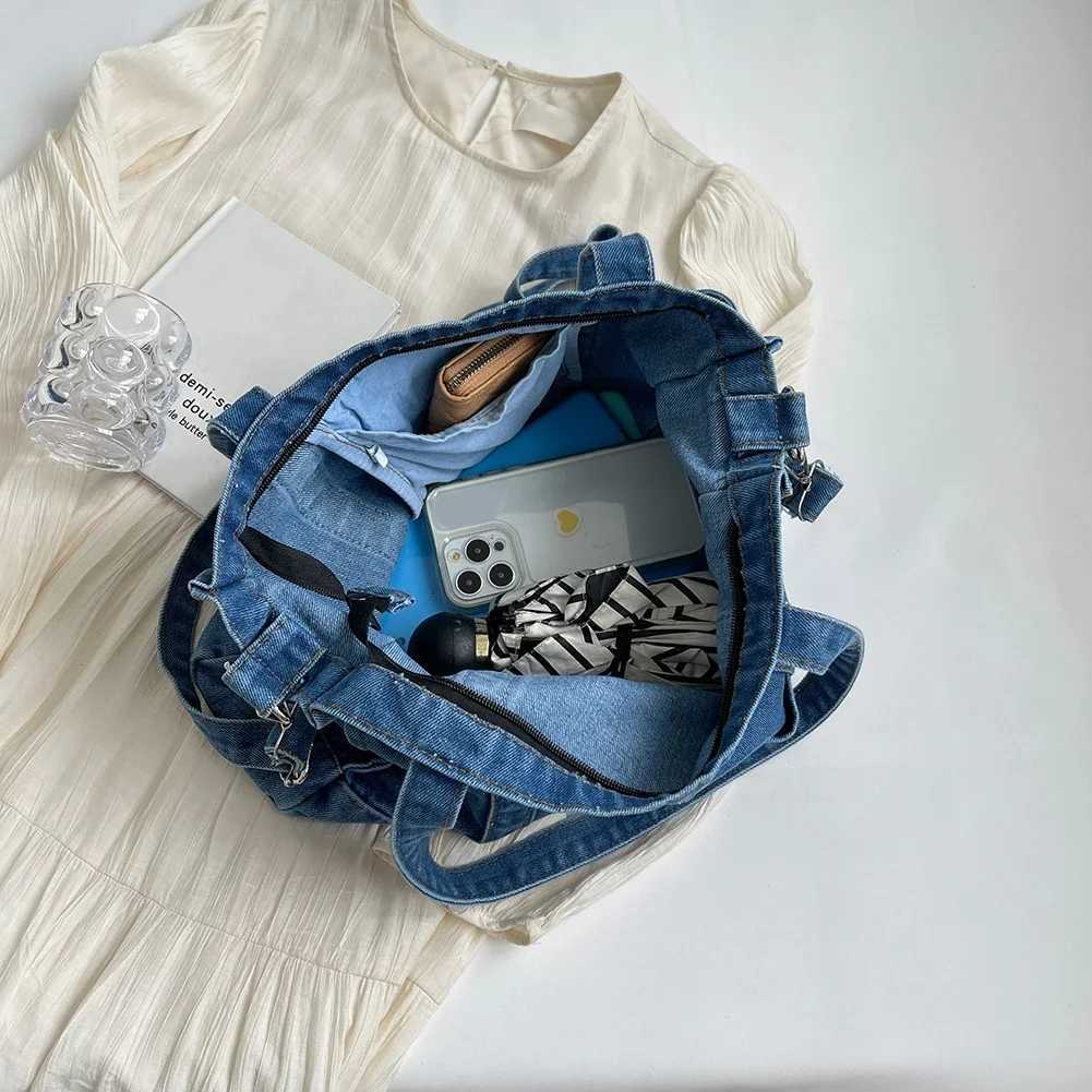Women Leisure Crossbody Bag Lightweight Denim Tote Bag Large Capacity Versatile Casual Slouchy Shopping Bag W250602