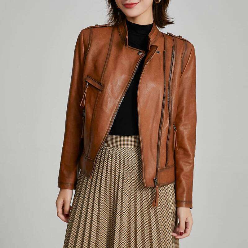 S-3XL Women's Real Leather Jackets Fashion Stand Collar Short Slim Diagonal Zipper Female First Layer Sheepskin Black Coat Tops
