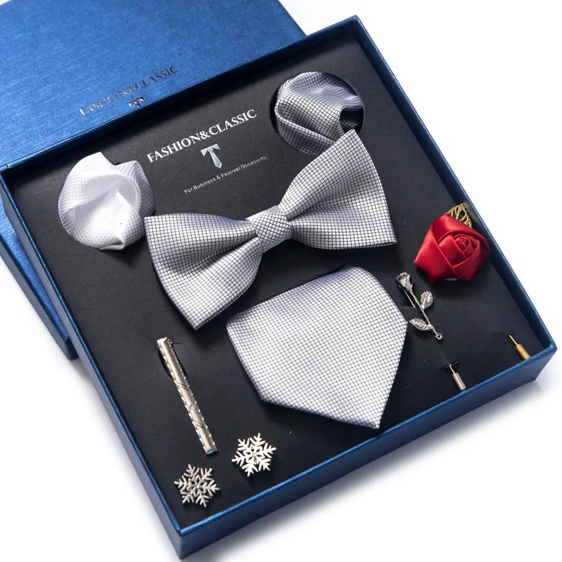 est Silk Tie Set Handkerchief Pocket Squares Cufflink Bow Tie Clip Necktie Set Bussiness Wedding Suit Gift Box 250530
