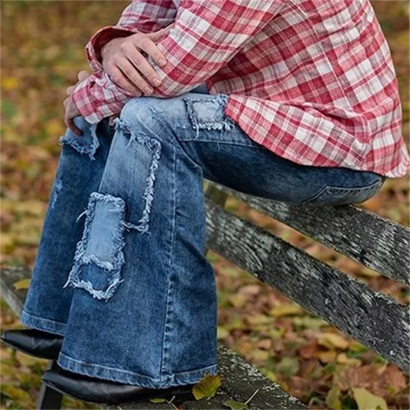 Vintage Patch Stretch American Style Flared Jeans Mens Streetwear Button Splicing Pocket Male Youth Daily Casual Denim Pants 23 250530