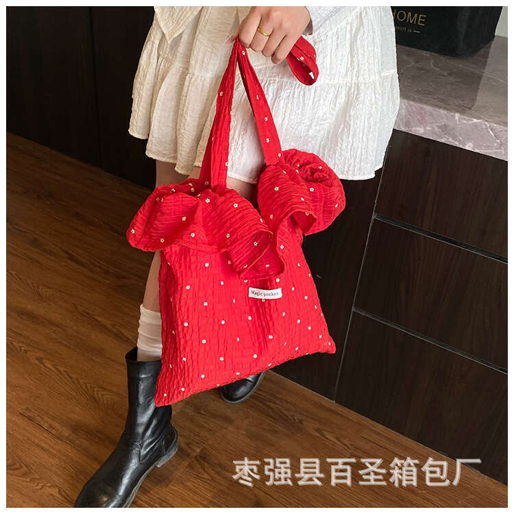 2025 Spring/Summer New Sweet Ruffle Fabric Bag for Women, Casual Lazy Style Student Tote Bag, Versatile Handbag