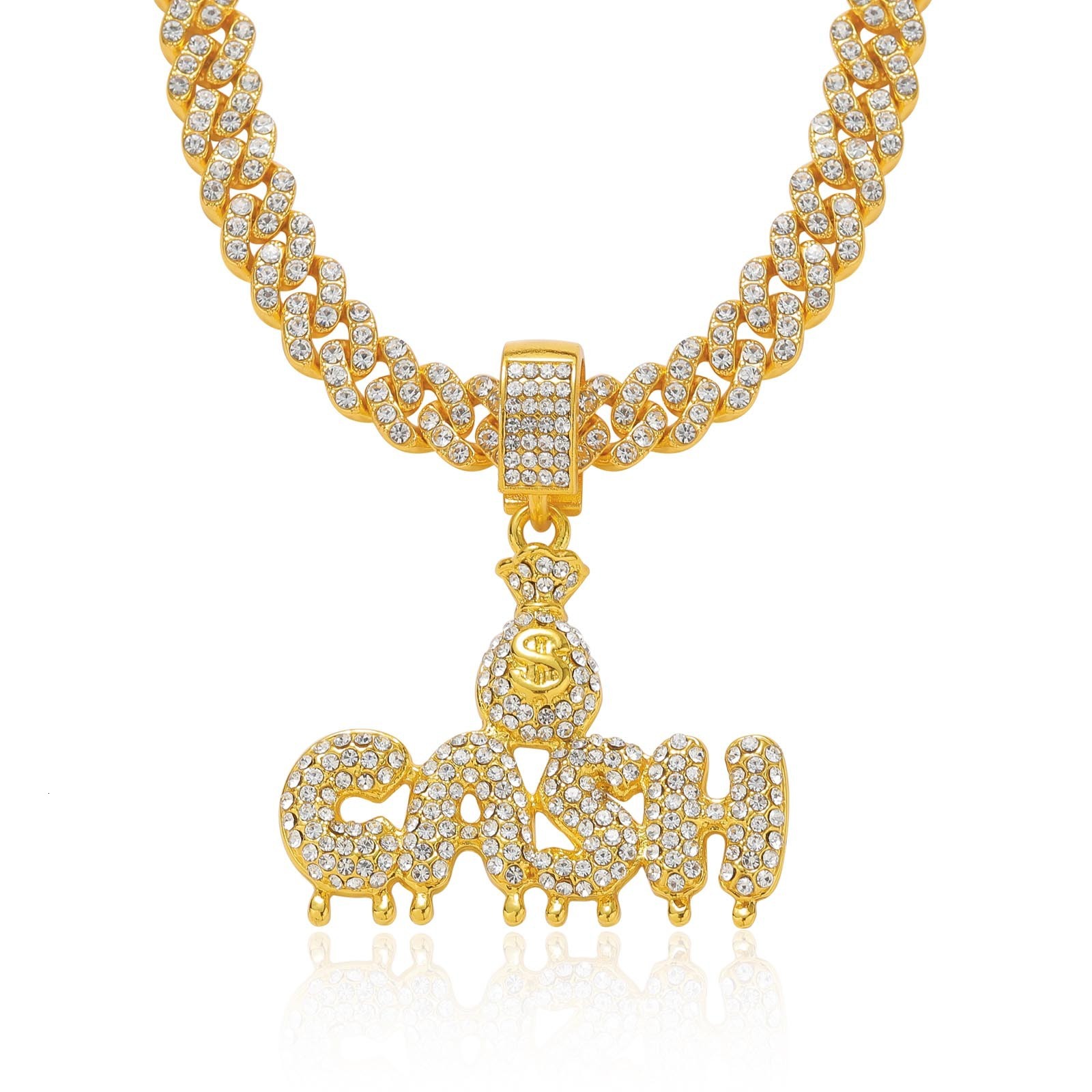 Hip Hop Necklace Mens CASH Letter Full Diamond Money Bag Pendant Personalized Trendy Cuban Chain Hip Hop Accessories Moissanite pendant