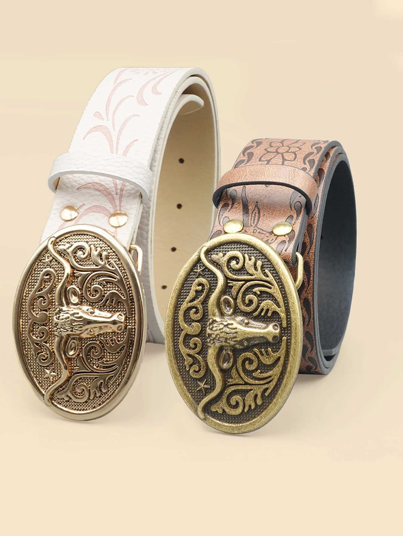Western Cowboy Style Vintage Casual Belt - Ox Head Carved Buckle Bohemian Print Perfect for Daily Commute Dating Outfits XJ250602