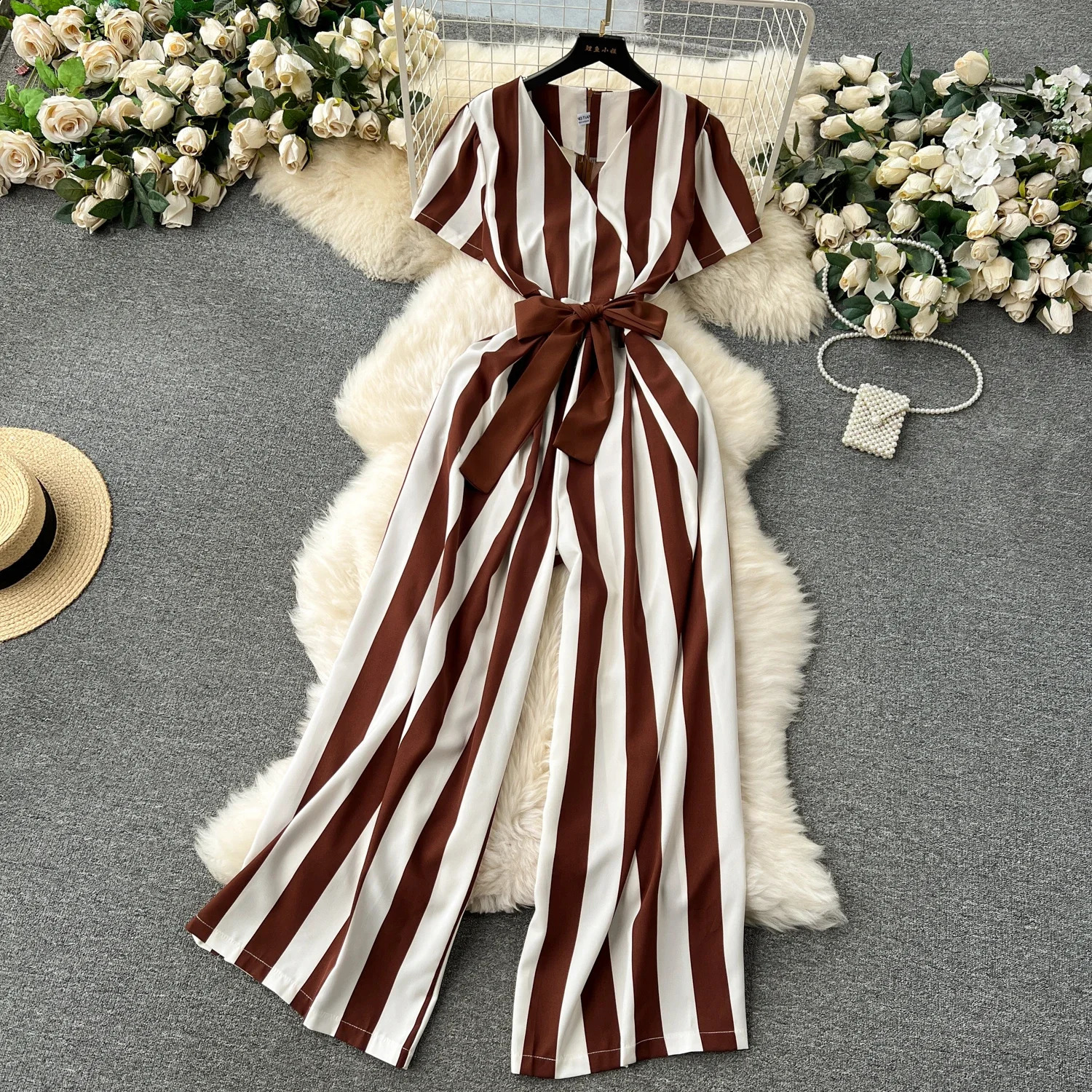 Gentle Women Jumpsuit Stripe V Neck Sleeveless Lace Up Bow High Street Korean Style Summer Long Senior Rompers 250530