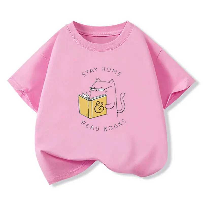 Cat Reading T-shirt for Girls Cotton Kids T Shirt Cartoons Children Casual Clothes Teen Baby Girl Summer Y2K Tops 6 8 10 12 Years T250603
