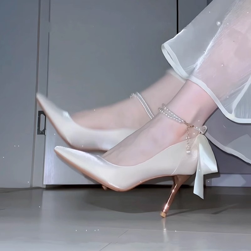 French Satin Single Shoes Women, Suitable for Daily Wear, Bridesmaids, Brides, Wedding Dresses, Thin Heels, Adult Ceremony High Heels