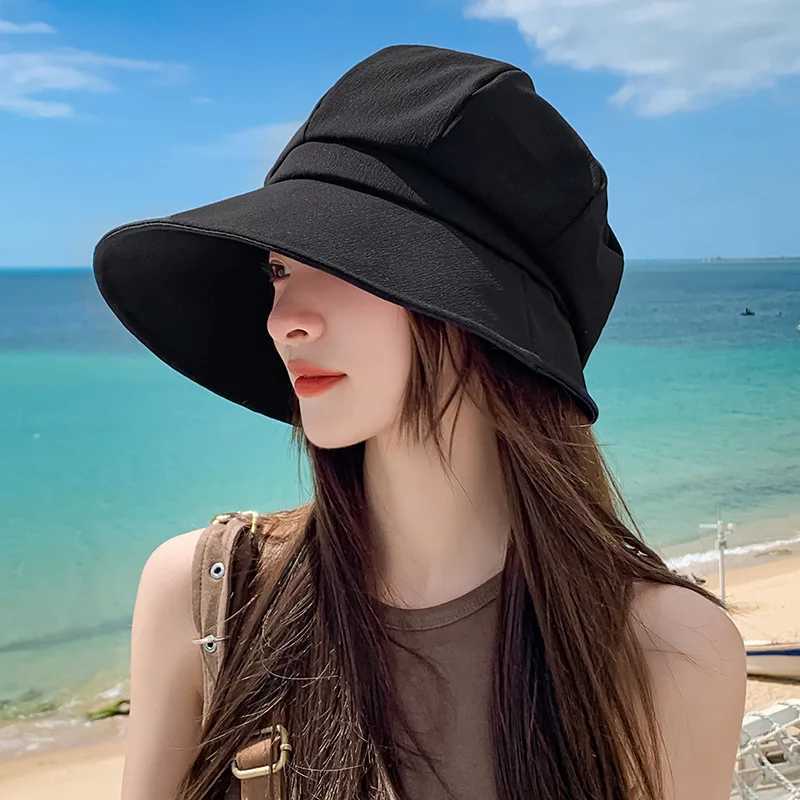 Womens Bucket Hat Spring Summer Hats For Women Solid Color Cloth Foldable Sunscreen Sun Hat Female Fisherman Cap Wide Brim New W250602