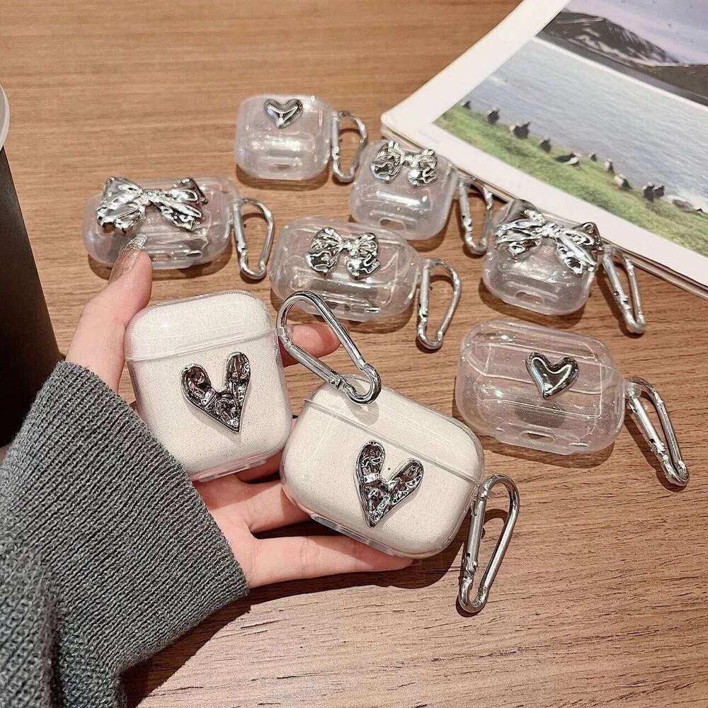 Clear TPU Electroplate 3D Bowknot Love Heart Pro/Pro2 Earphone Case For 3/4 With Keychain Protector Cover