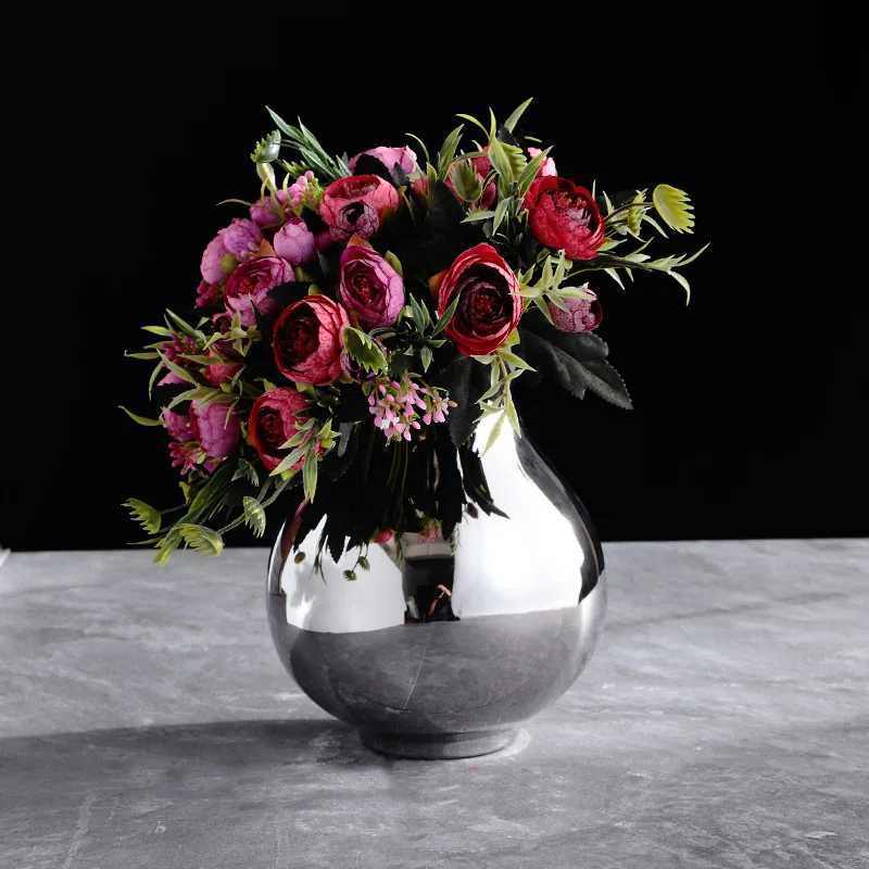 Creative Silver Pot Shaped Ceramic Vase Living Room Decoration Ornament Flower Arrangement Home Decoration Handicraft Y250603