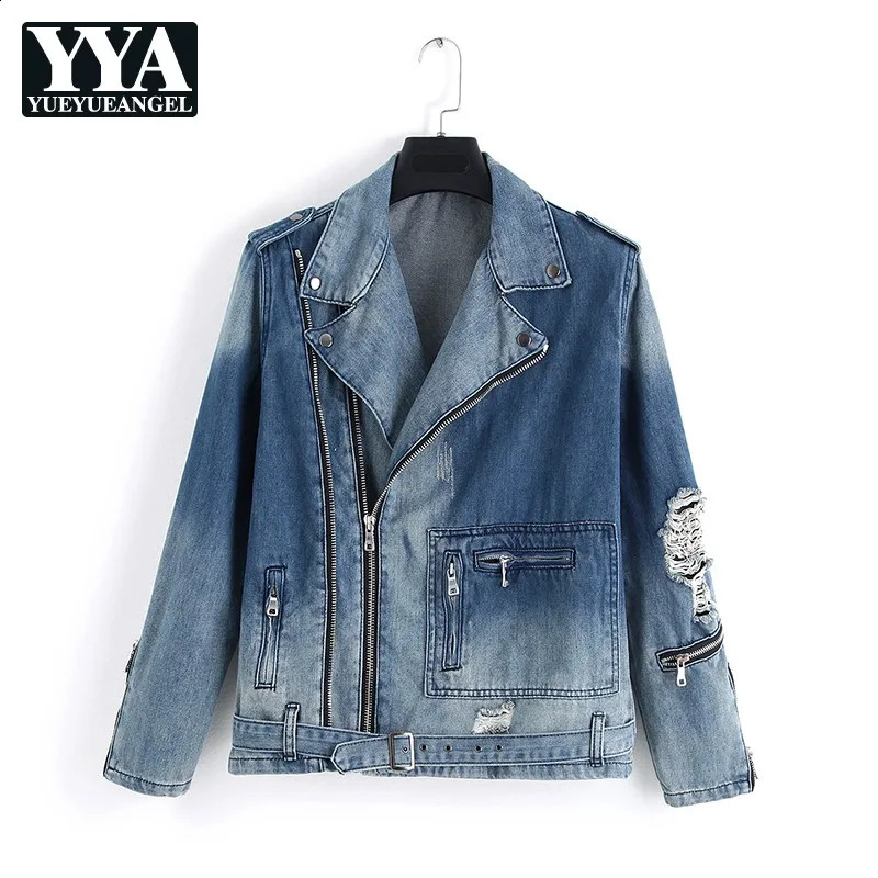 Harajuku Mens Denim Jacket Zipper Adjustable Belted Punk Style Slim Fit Cowboy Coat Casual Vintage Moto Biker Hole Ripped Jacket 250529