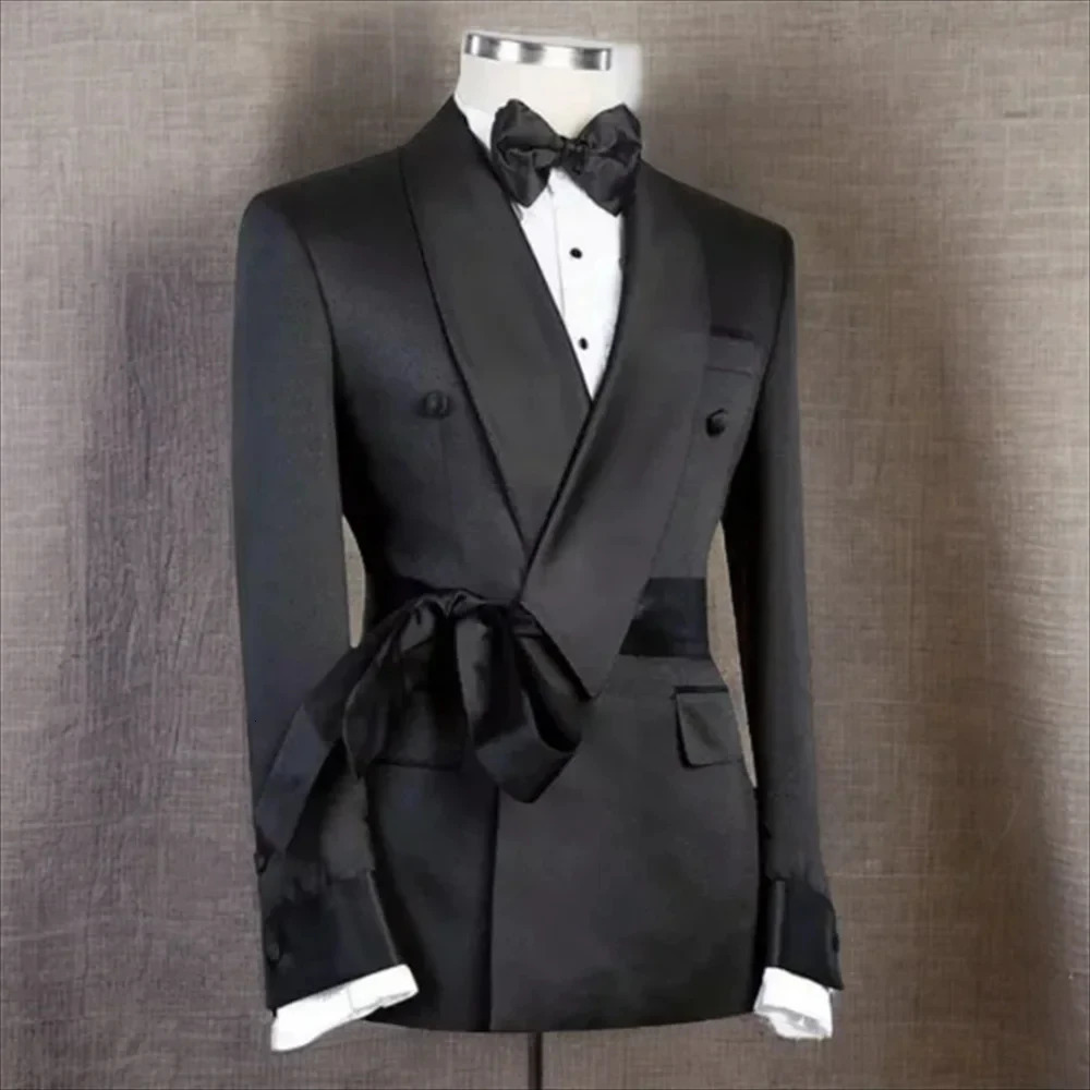Black Slim Men Blazer With Belt Formal Banquet Prom Party Wedding Costume Coat Fashion Classic Shawl Lapel Jacket 1 Piece 250603