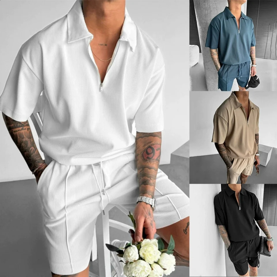 2025 summer mens zipper polo casual shortsleeved drawstring shorts suit solid color sports fashion 250530