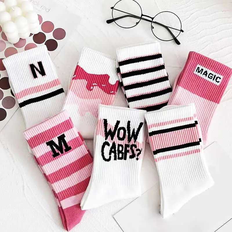 Women Sports Socks Pink Preppy Y2K Funny Socks Girls Striped Socks White Funny Socks With Print Harajuku 4 Pair T250602