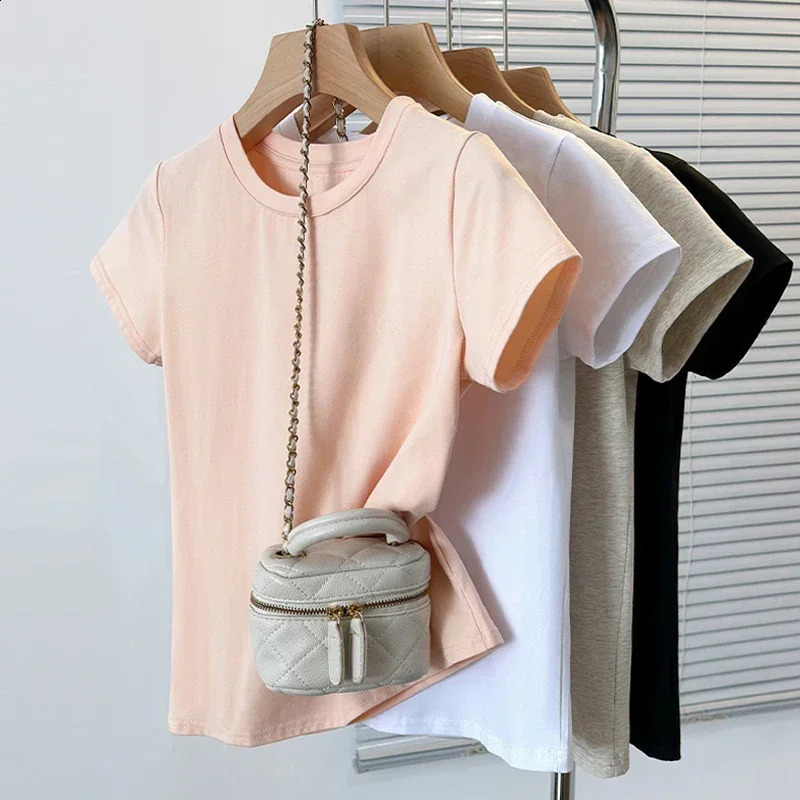 Basic Solid Top Short Sleeve Crewneck Skinny T-shirt Summer Casual Tee For Women Y2k Vintage Top Harajuku Streetwear 250529