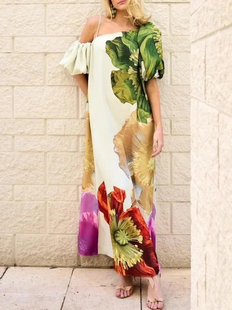 Casual Dresses Women Elegant Floral Printed Evening Banquet Maxi 2025 Summer Sleeves One-shoulder Party Prom Long Dress