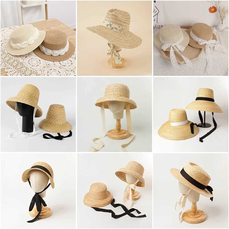 Sun Hat 53cm Head Circumference for Children Outdoor Chin Straps Adjustable Straw Hat Girls Raffia Sun Cap Summer Beach Seashore W250602