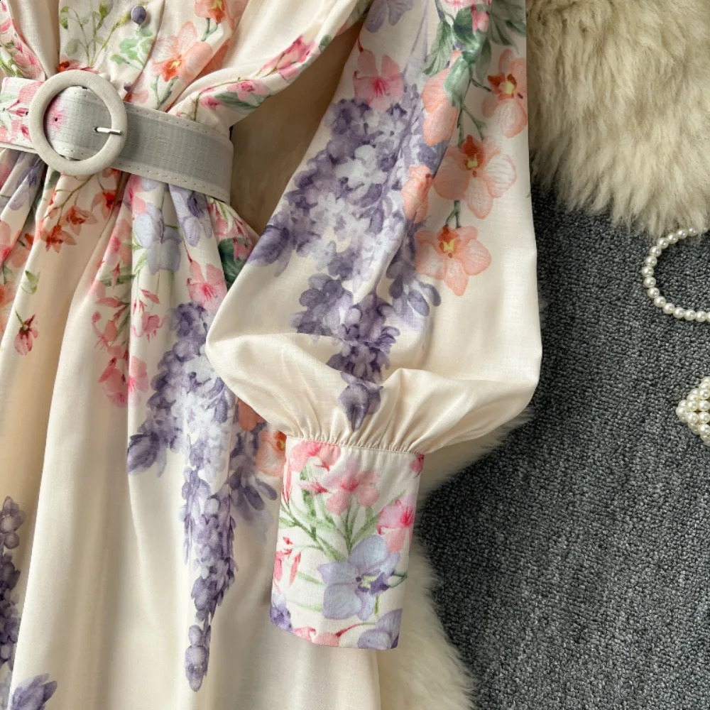 Neploe Elegant Lantern Collar Stand Collar Sweet Dress Print Belt Big Swing Patchwork Vestidos Slim Fit French Style Moda Robe 250530