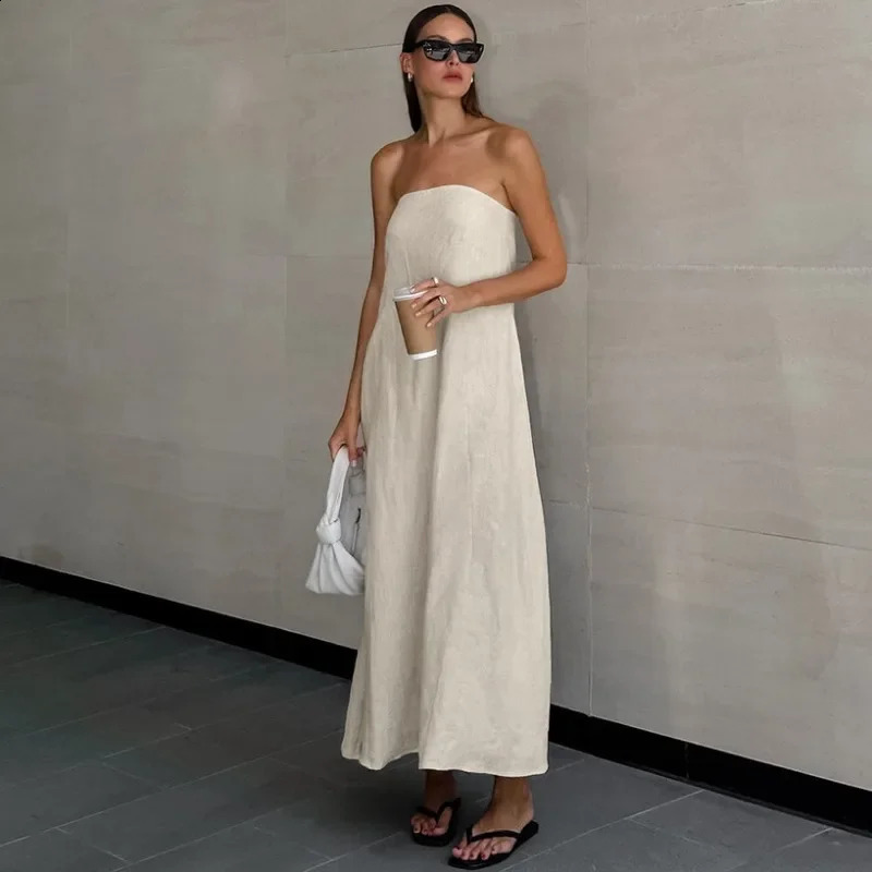 French Khaki Cotton Linen Strapless Holiday High Waisted Dress with Exposed Back Summer Long Dress for Women 250529