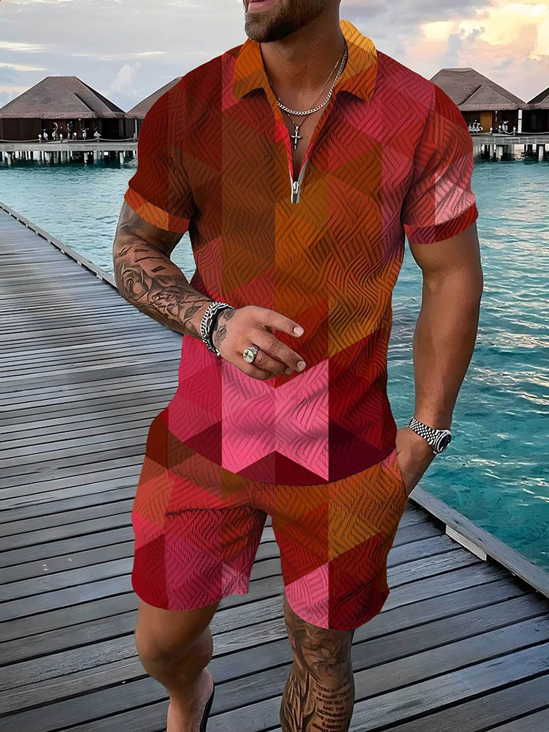 Summer Colorful Patch Mens Two Piece Sets Daily Casual Outdoor Travel Polo Shirt Shorts Suit Oversize Lapel Zipper Male Clothes 250530