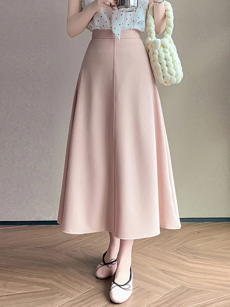 Elegant OL Spring Summer Long Skirts For Woman Fashion Korean High Waist A-line Office Skirt Suit Pleated Pink Black Skirt Women 250603