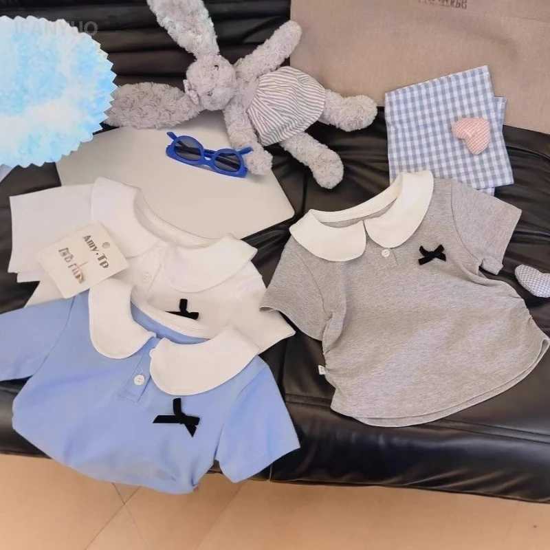 1-10Y Childrens Shirt Pure Cotton Korean Doll Collar Short Sleeved Tops 2025 Spring Summer New Item Baby Girl Bow Base T-shirt T250603