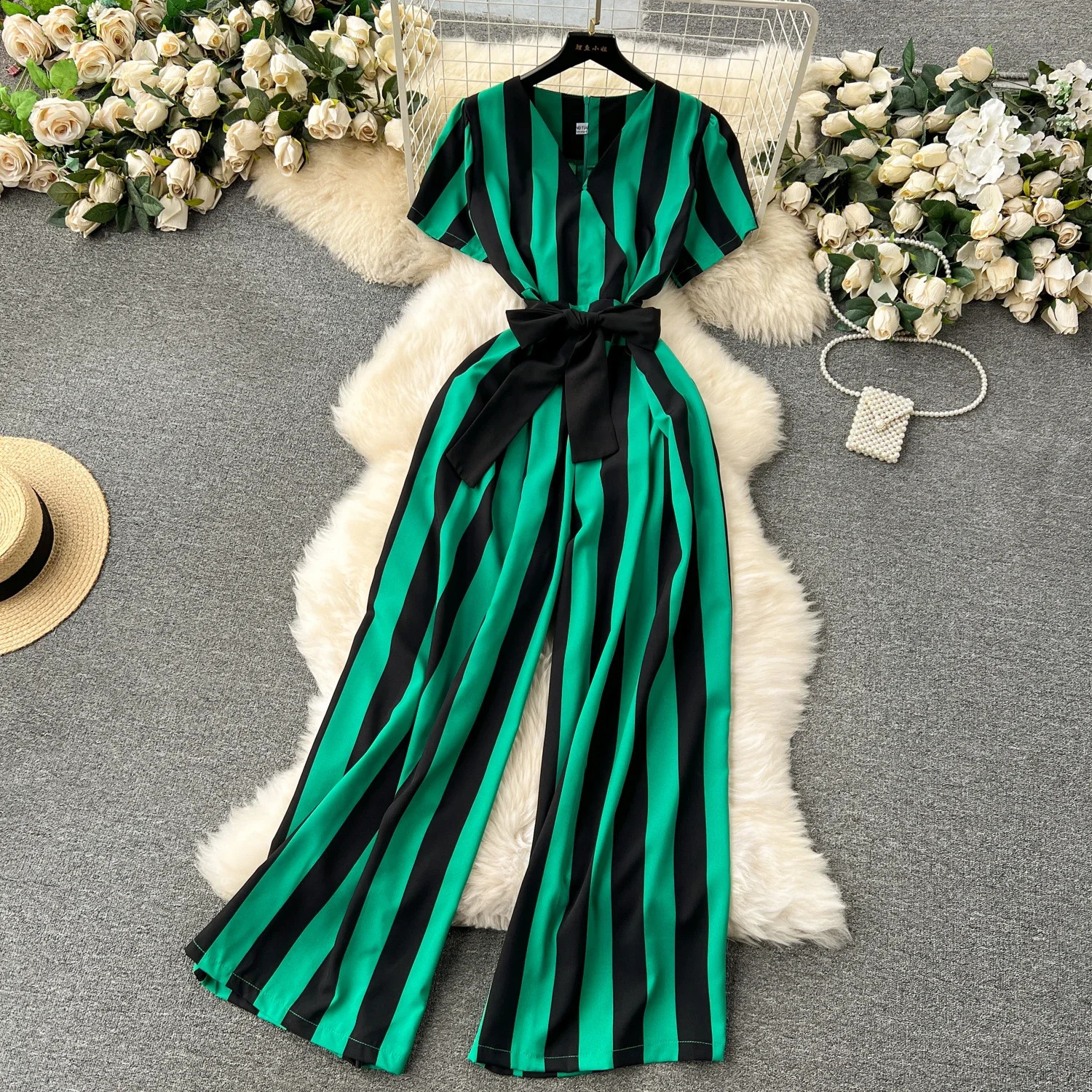 Gentle Women Jumpsuit Stripe V Neck Sleeveless Lace Up Bow High Street Korean Style Summer Long Senior Rompers 250530