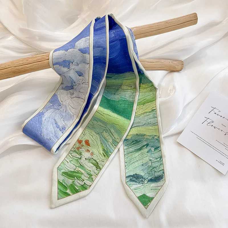 Designer French Stylish Oil Printing Small Long Satin Silk Scarf For Womens Imitation Silk Handbag Ribbon Neck Tie Hair band W250602