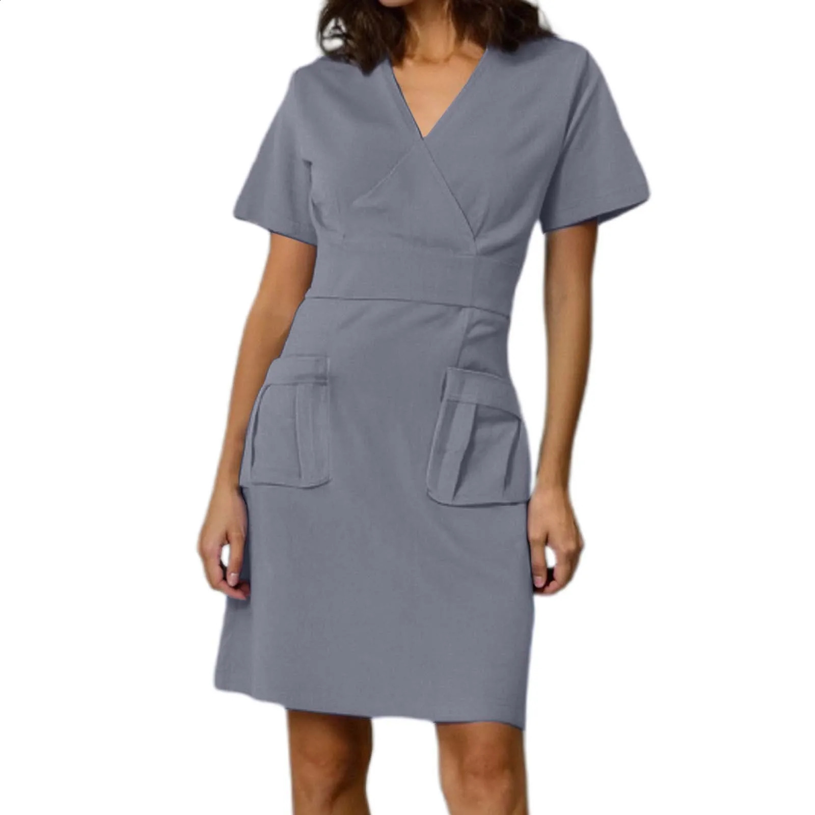 Nurse Uniform Women Working Black Dress Short Sleeve V Neck Pharmacy Nursing Scrubs Dress Women Beauty Salon Dresses 250519