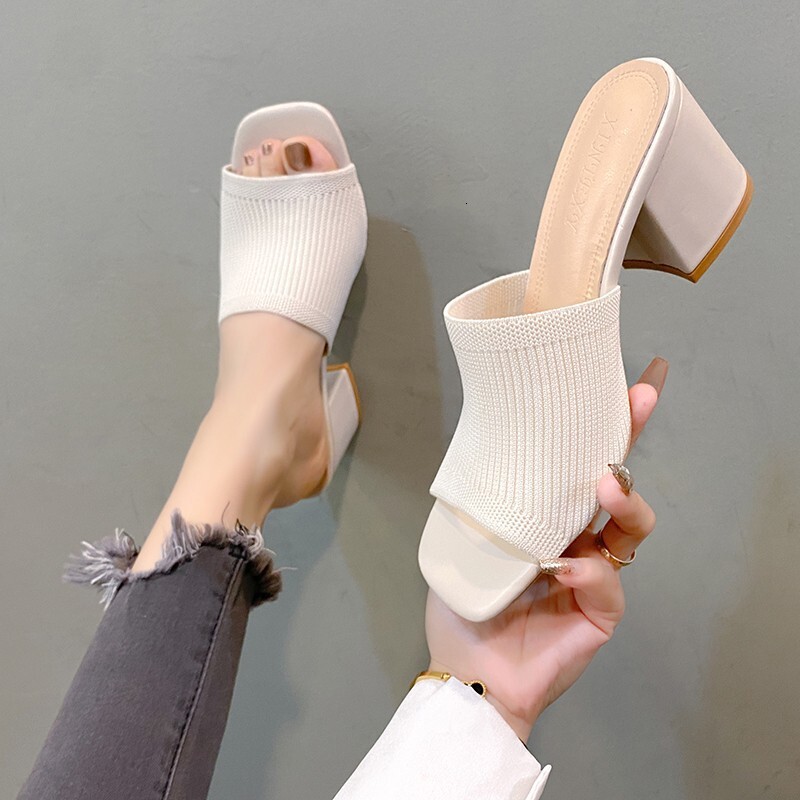 designer 2025 European and American New Fashion Women's Shoes Fashion One-Strap Thick Heel Knitted Wool High Heel Square Toe Sandals