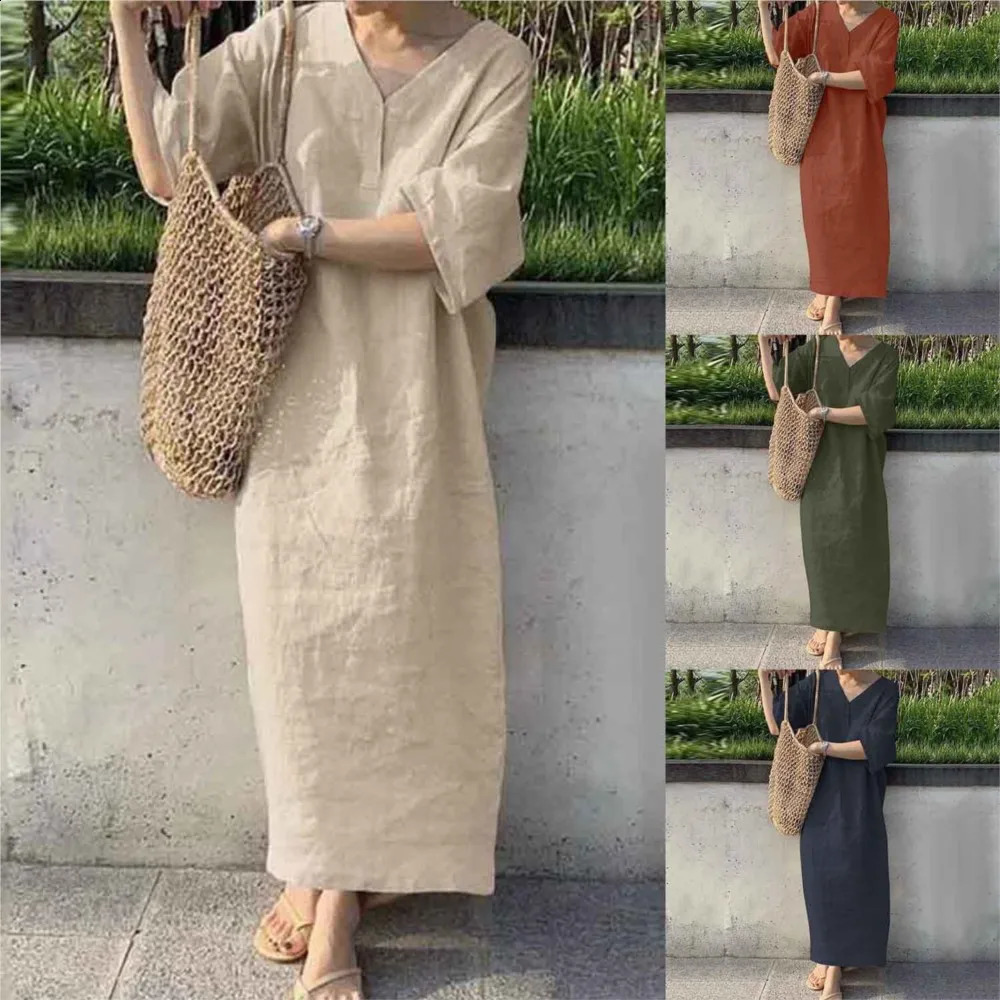 Cotton And Linen Dress For Women Summer Short Sleeve V-neck Solid Color Casual Loose Long Dress Elegant Womens Clothing 250529