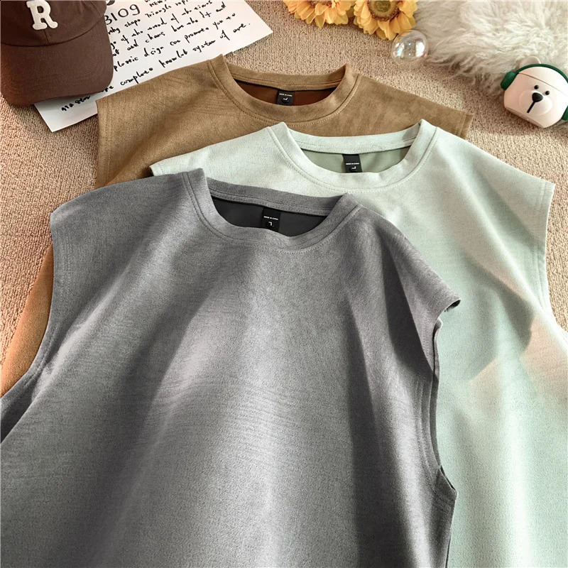 2024 Heavy Suede Vest Men Summer High End Feeling Ins Ruffian Handsome Casual Loose Sports Sleeveless Tshirt Mens Clothing 250527