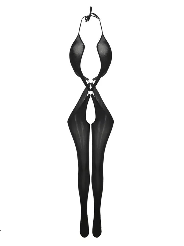 Mesh Deep V Halter Backless Bodystocking Ring Linked Hollow Out Open Crotch Bodystocking Womens Sexy Lingerie Underwear 250603