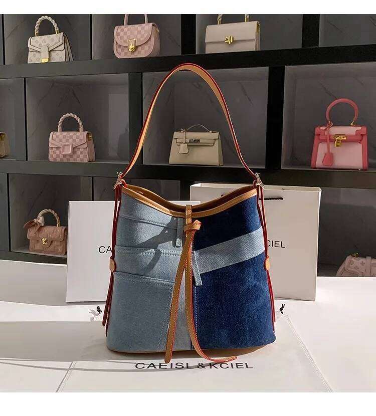 High Quality Women Handbag Fashion Bule Denim Bucket Large Capacity Casual Tote Lady Purse Female Shoulder Underarm Bag