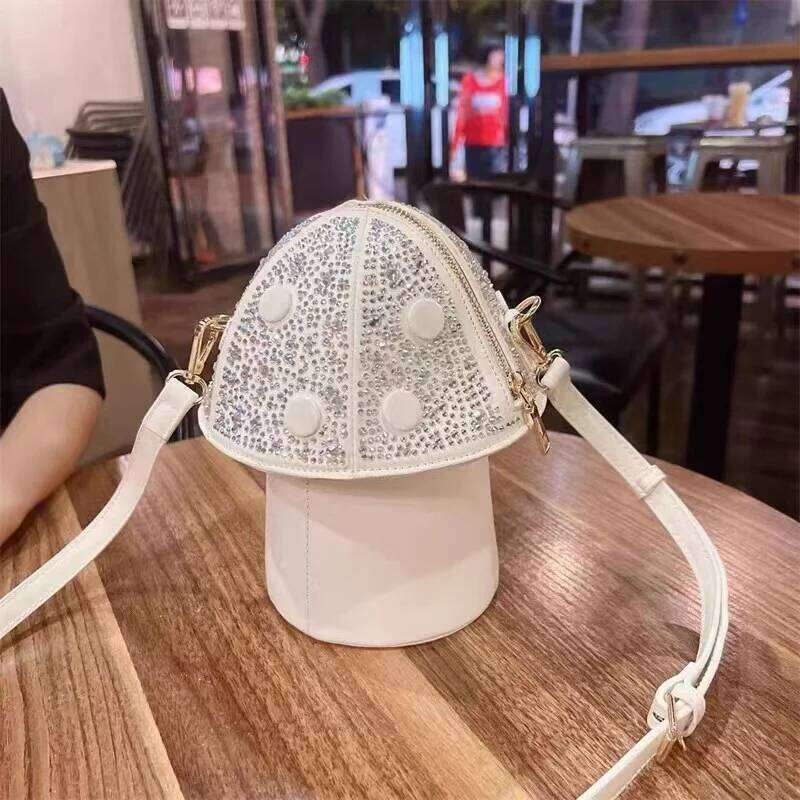 Glitter Shiny Dias Mushroom Shape Women Handbag Textured Leather Shoulder Messenger Lady Purse Female Evening Bag