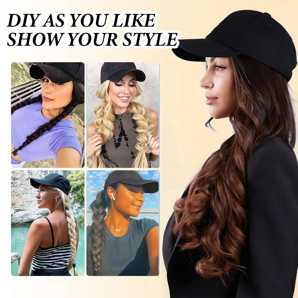 Baseball Cap Synthetic with Hair Extensions 24 inch Long Wavy Heat Resistant Fiber Hairpieces Adjustable Hat Wig for Women 250530