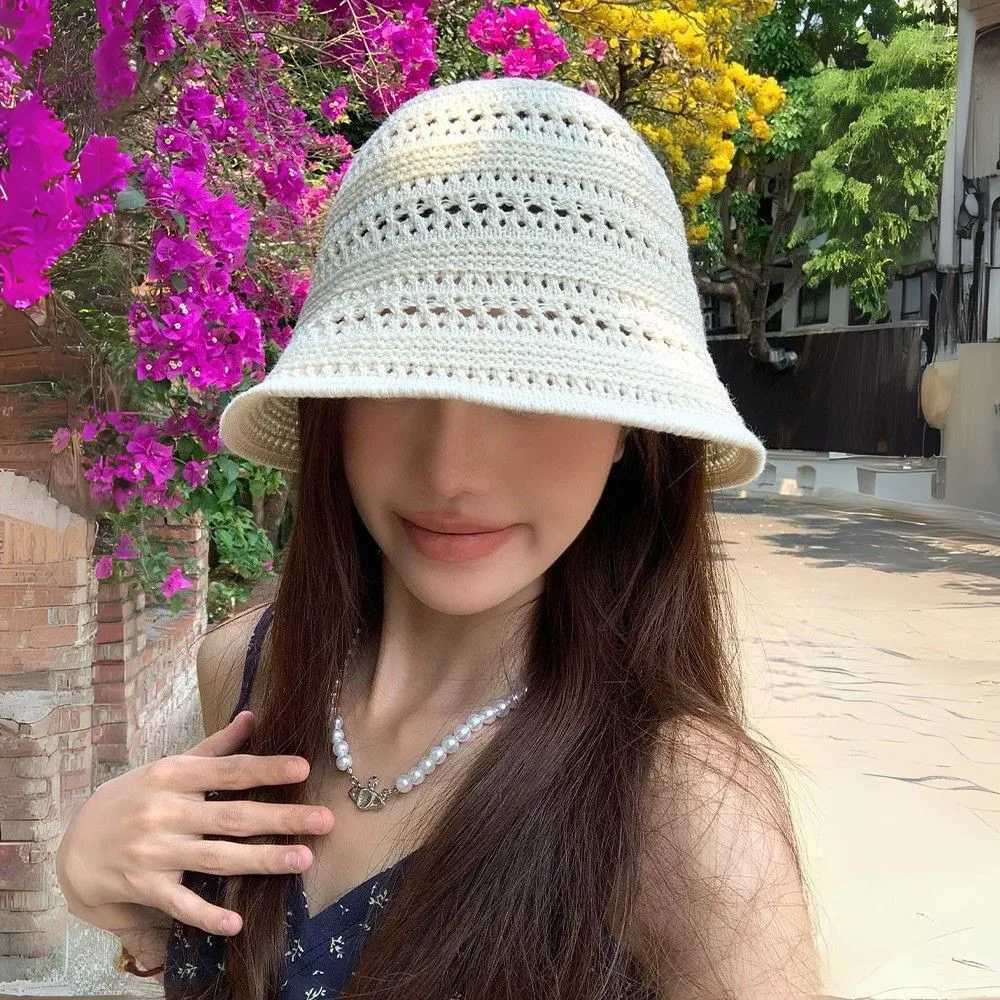 Women Bucket Hat Summer Hollow Out Knitted Sun Protection Cap Beach Panama Cap Fisherman Cap Breathable Sun Hat Straw Hat Travel W250602