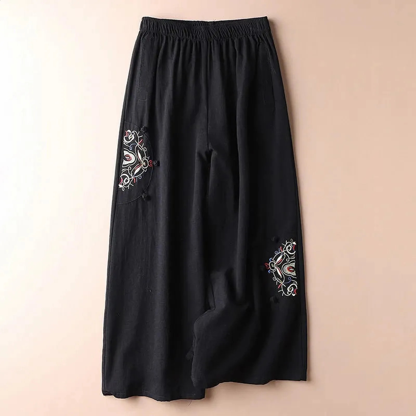 Womens Summer Linen Wide Leg Pants Loose Fit High Waist Straight Embroidered Casual Fashion Street Suit 250528