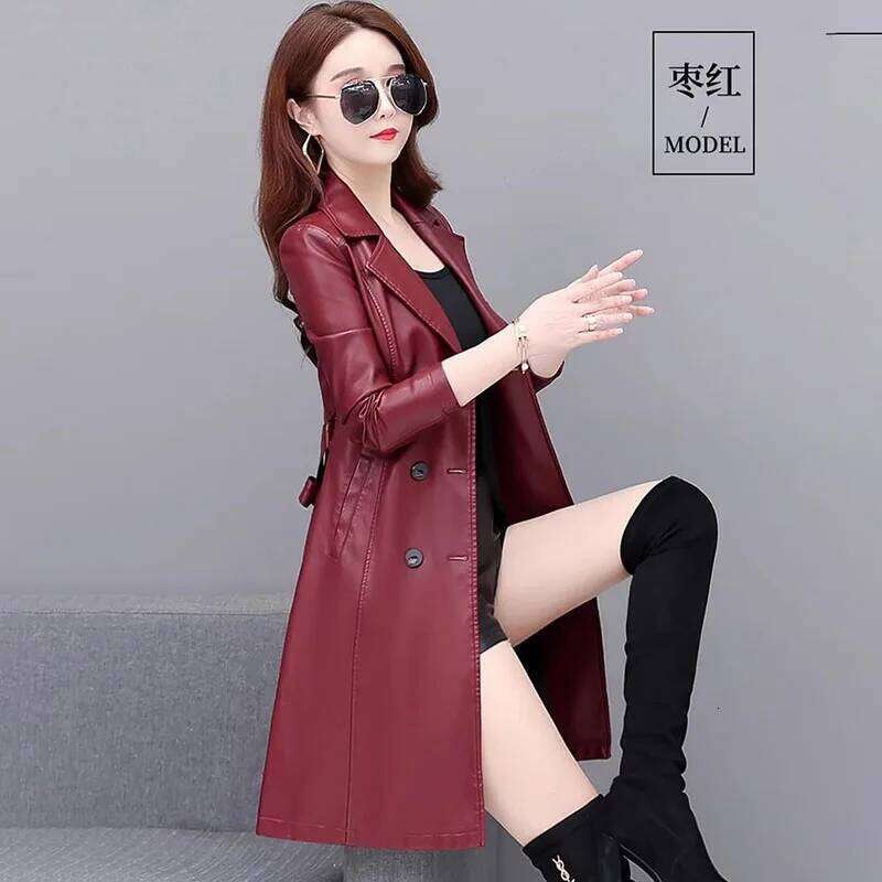 2024 Autumn Winter Chic Leather Jacket Women's Overcoat High-End Fashion Mid-Length Slim Korean Sheepskin Windbreakers Coat Tops