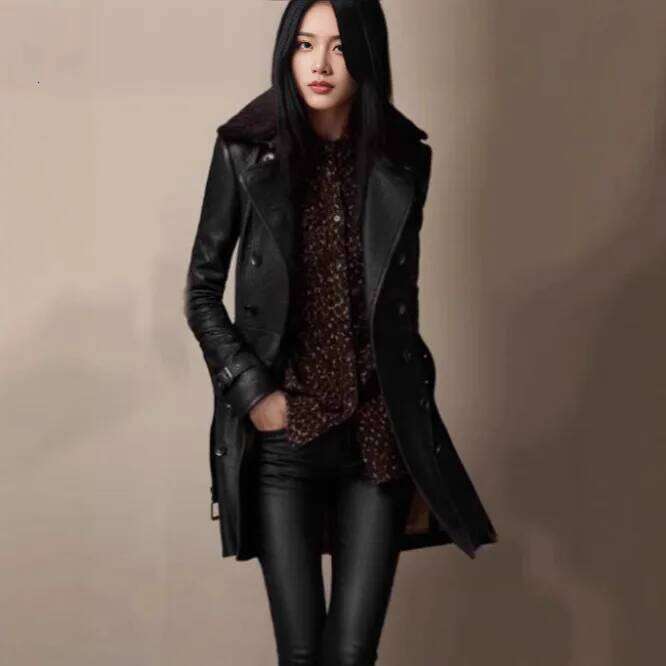 Nerazzurri British Style Brown Trench Coat for Women Double Breasted Runway Fashion 2023 Fitted Soft Faux Leather Blazer